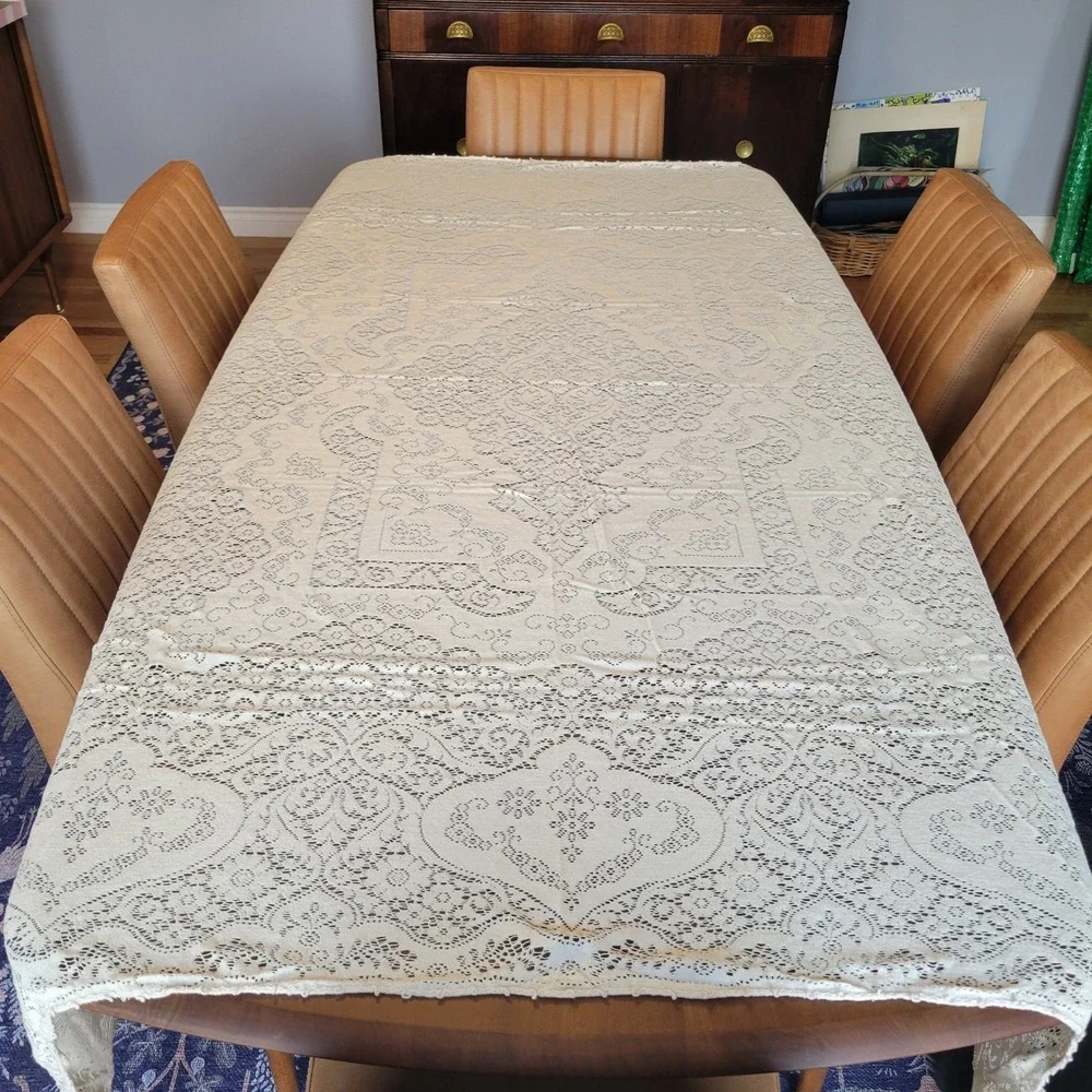 Vintage 60s Scranton Lace Westcliffe Ivory Tablecloth 72x90 Stain Resistant